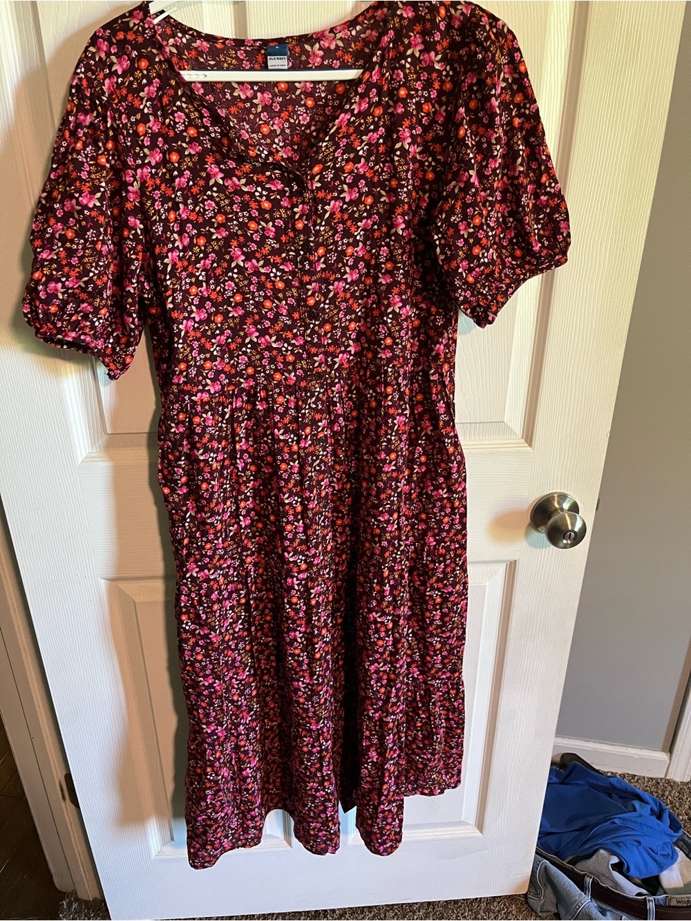 Old Navy Black Midi Dress with Pink and Orange Floral Print
